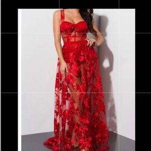 Red lace floral dress